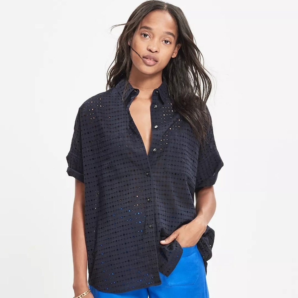 Madewell Eyelet Courier Button Up Shirt Navy SZM